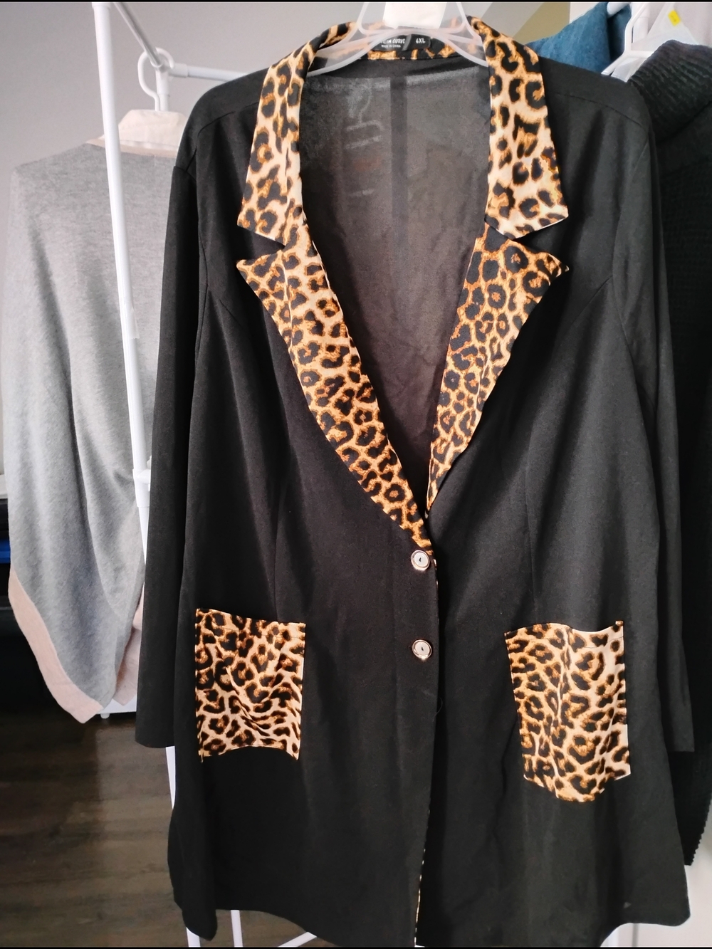 SHEIN Women Lapel Collar Black Blazer Dress Leopard Print Pockets Long Sleeve